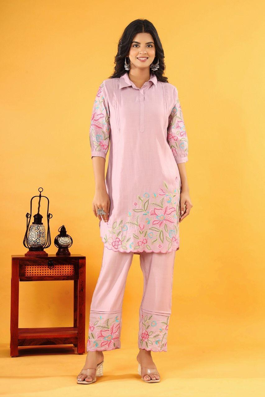 Pink Petal Whisper Embroidered Co-ord Set