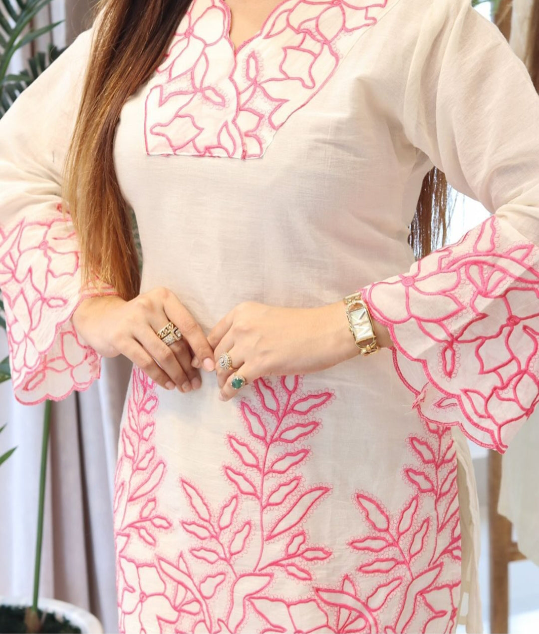 Pink and White Garden Hand-Embroidered Co-ord Set