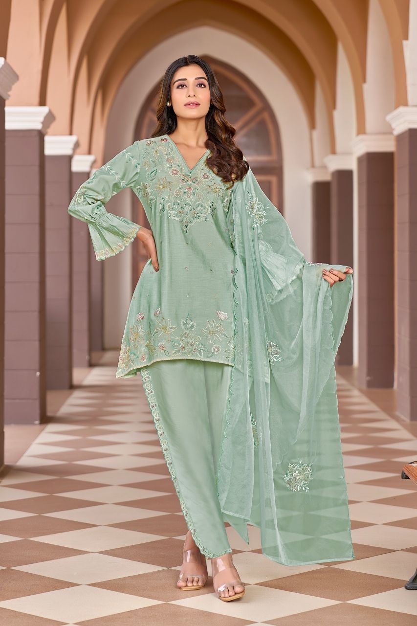 Mint Garden Hand-Embroidered Cord Set with Dupatta