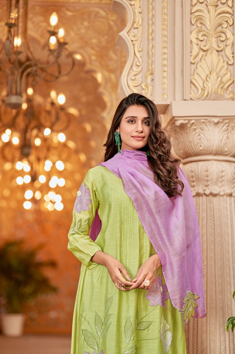 Gulmor Green Embroidered A-Line Set with Contrasting Dupatta