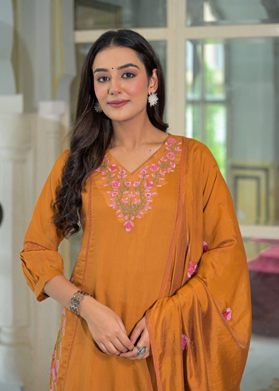 Mustard Mul Chanderi Embroidered Kurta Set with Dupatta