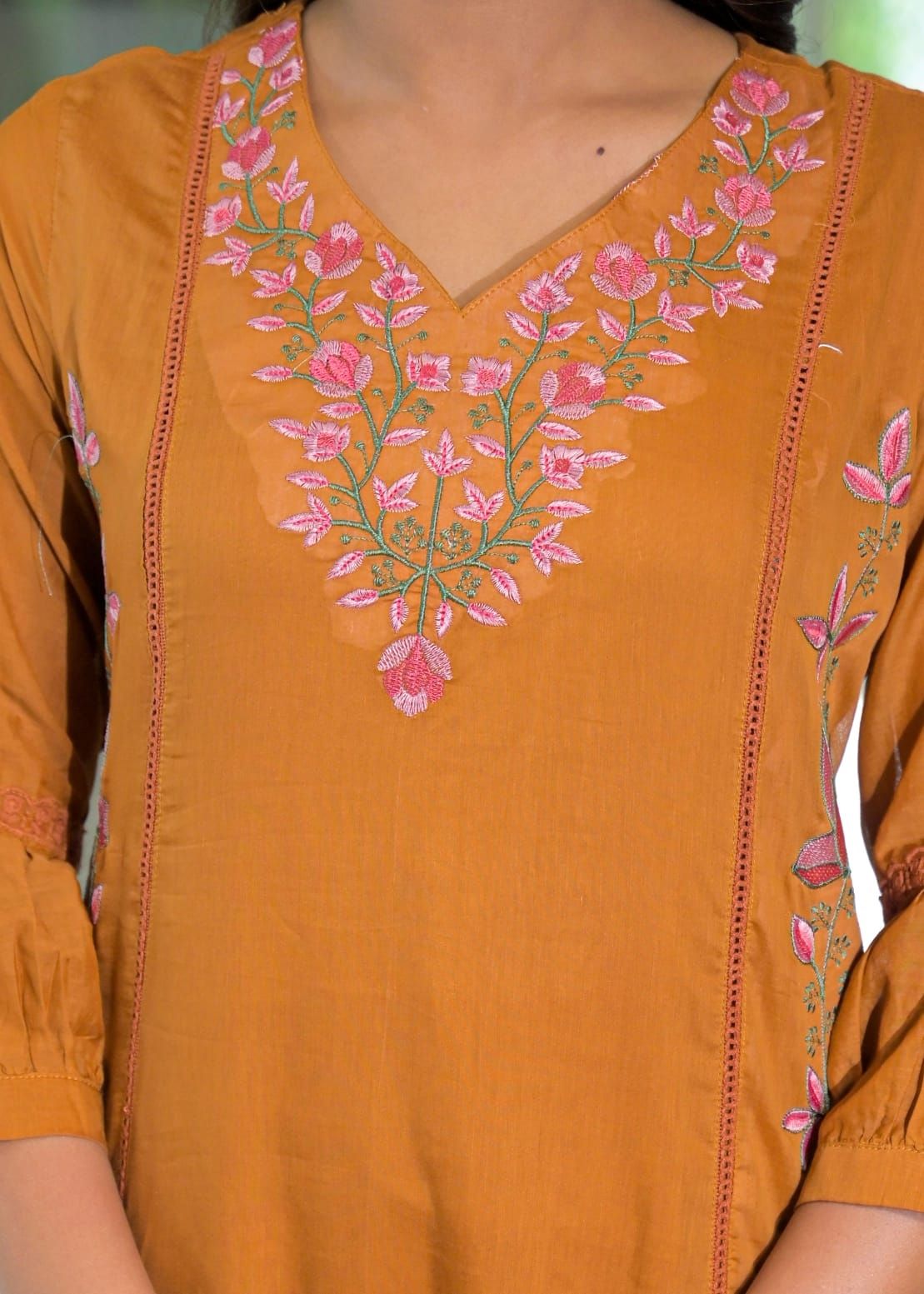 Mustard Mul Chanderi Embroidered Kurta Set with Dupatta