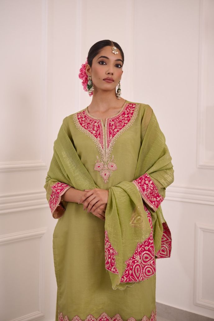 Olive Green Kurta Set with Contrast Pink Embroidery & Dupatta