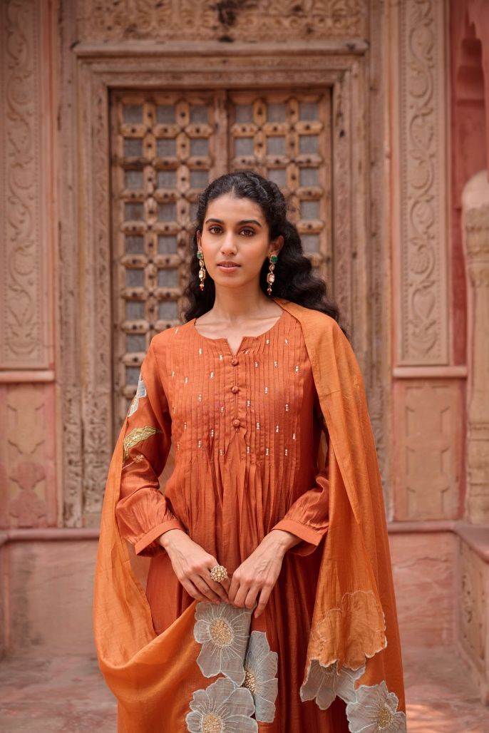 Rust Mul Chanderi Kurta Set with Floral Dupatta