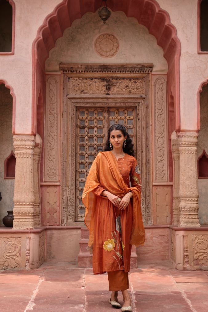 Rust Mul Chanderi Kurta Set with Floral Dupatta