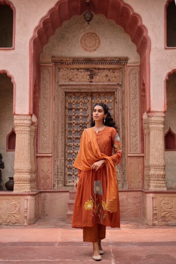Rust Mul Chanderi Kurta Set with Floral Dupatta