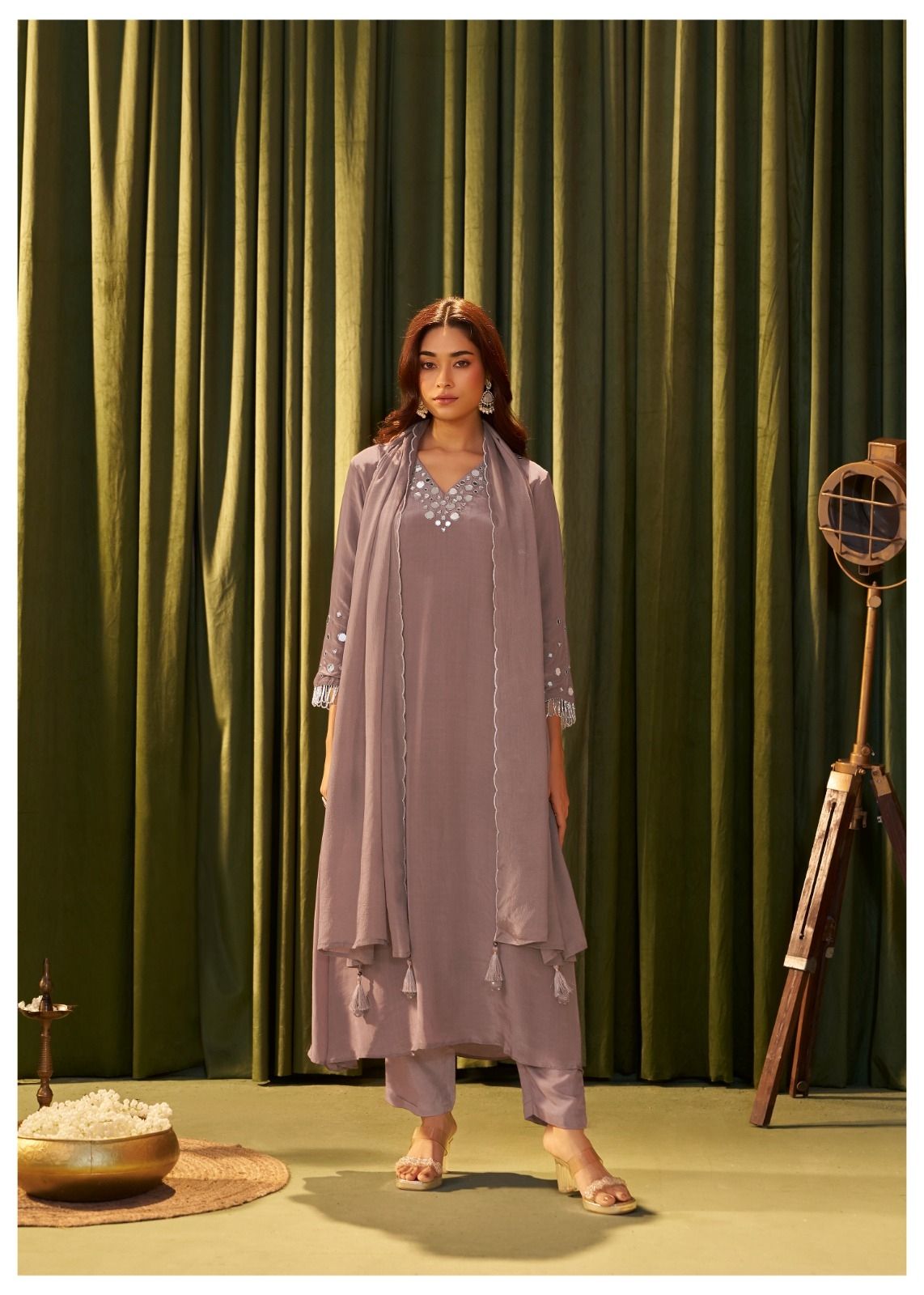 Lavender Mirror-Embroidered Kurta Set with Dupatta
