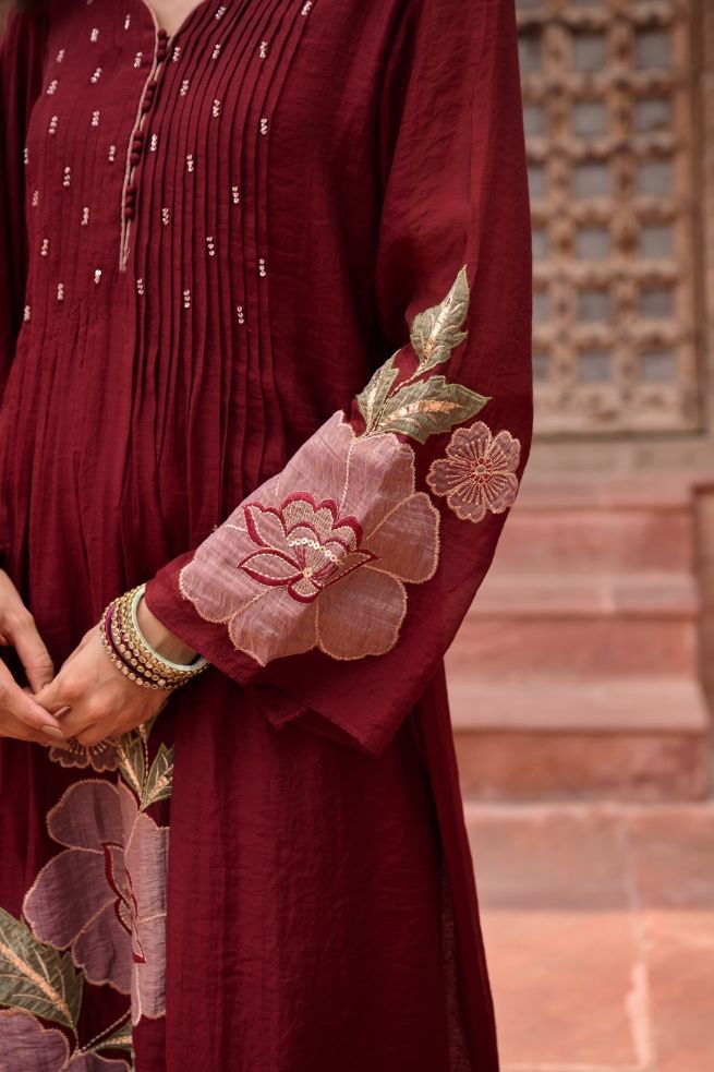 Regal Maroon Bloom Mul Chanderi Suit Set