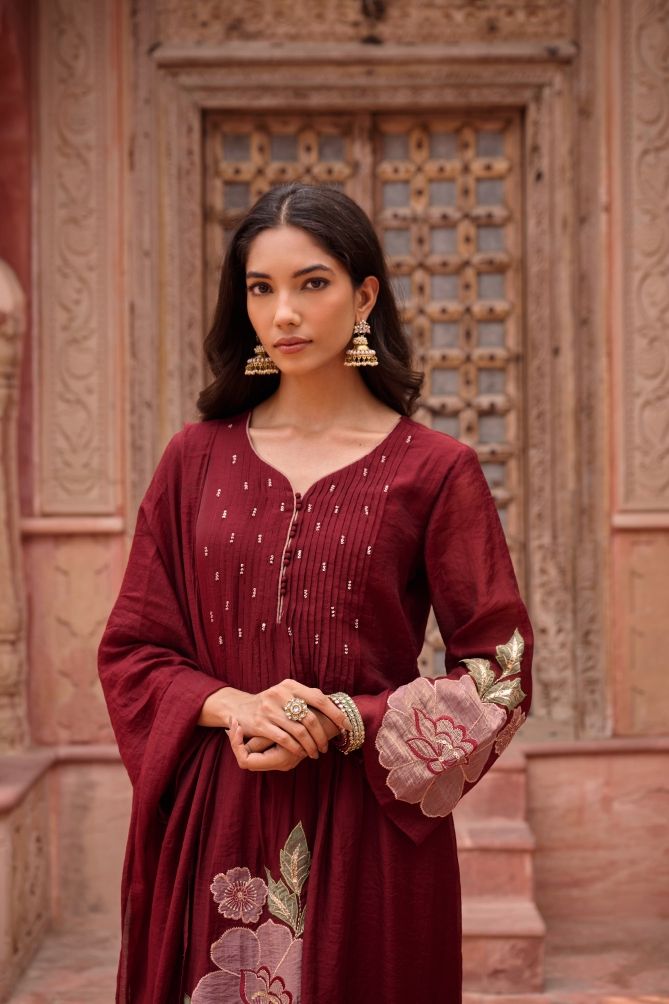 Regal Maroon Bloom Mul Chanderi Suit Set
