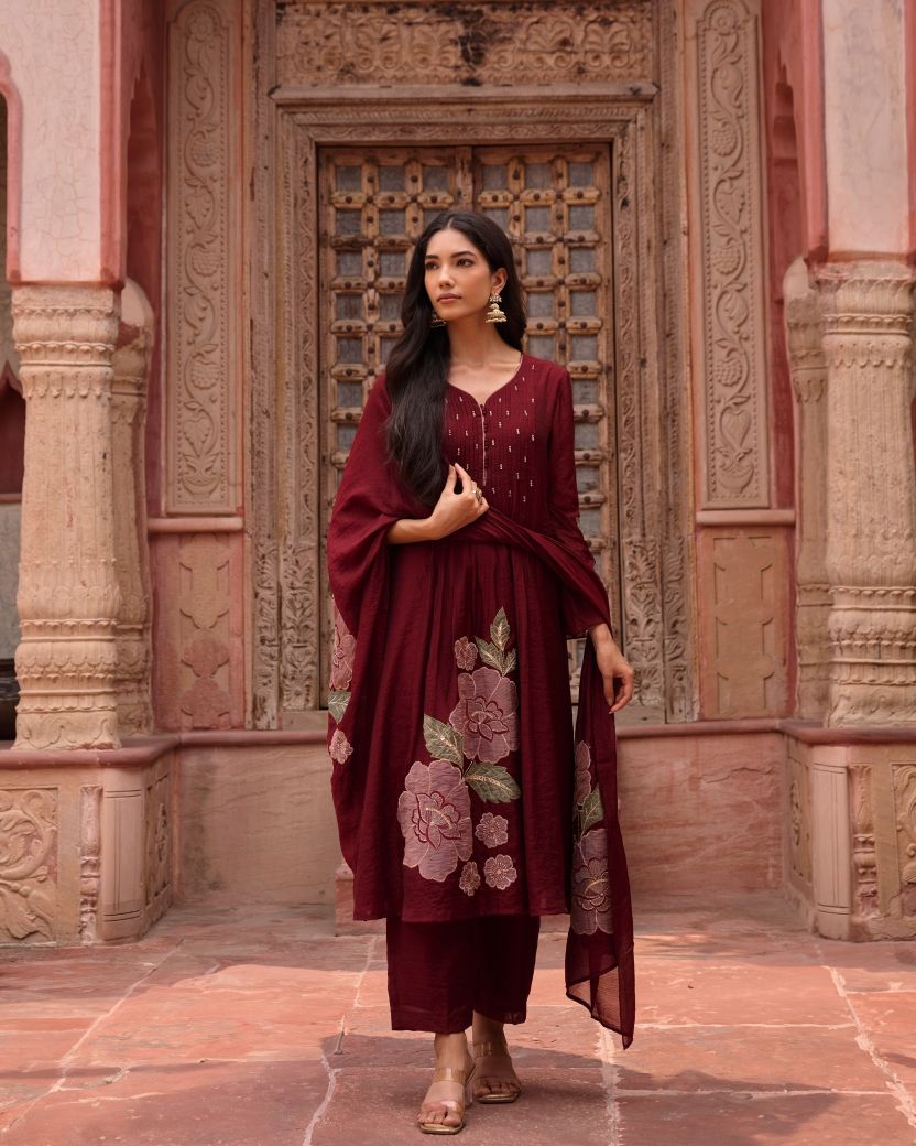 Regal Maroon Bloom Mul Chanderi Suit Set