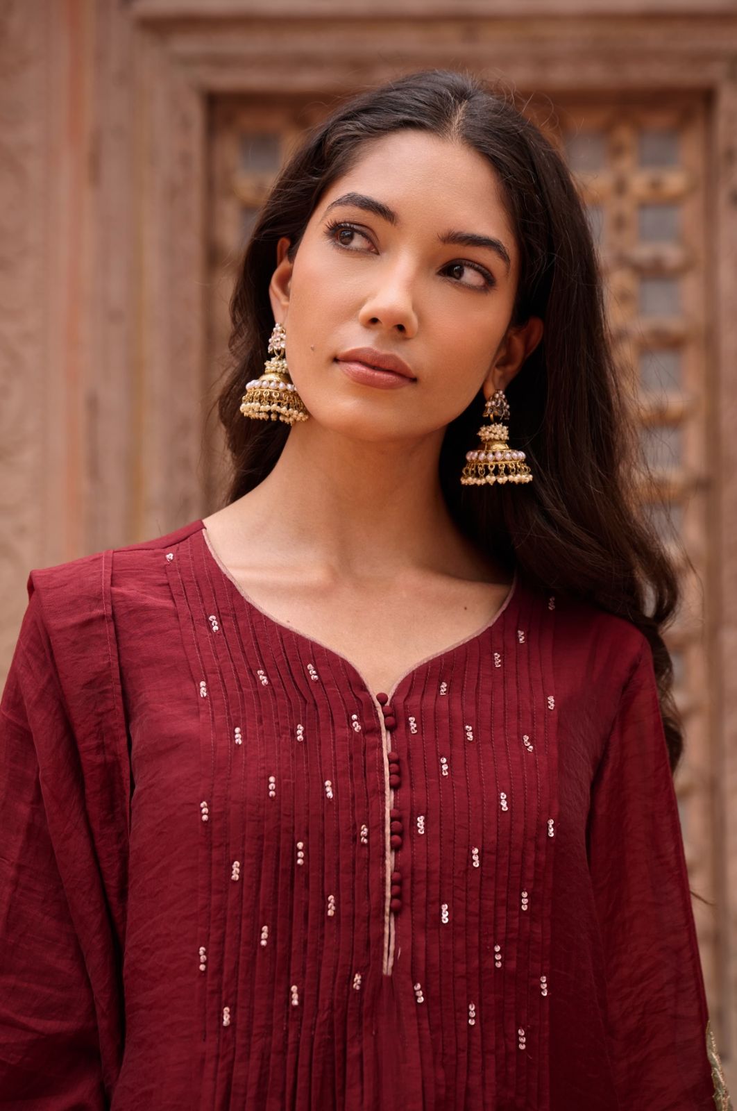 Regal Maroon Bloom Mul Chanderi Suit Set