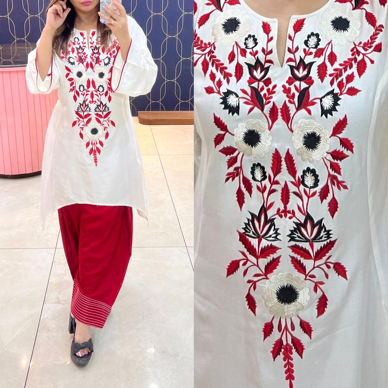 Ivory Red Floral Embroidered Kurta Set