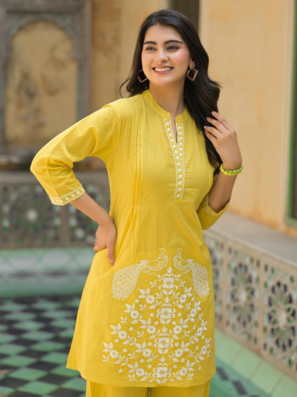 Sunshine Yellow Peacock Embroidered Kurta Set