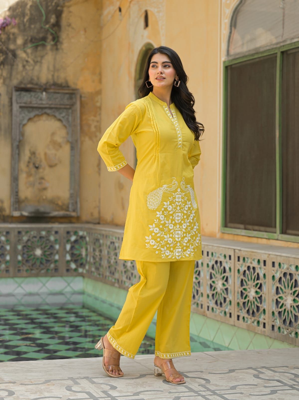 Sunshine Yellow Peacock Embroidered Kurta Set