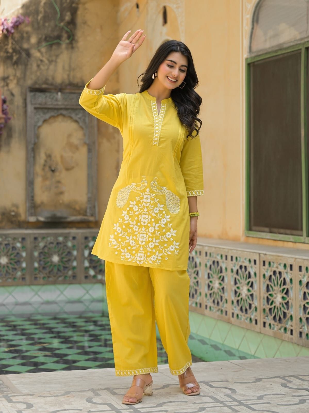 Sunshine Yellow Peacock Embroidered Kurta Set