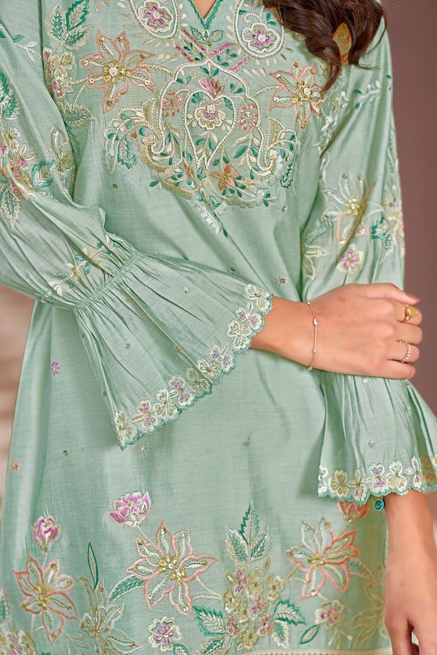 Mint Garden Hand-Embroidered Cord Set with Dupatta