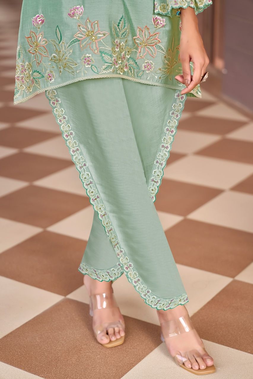 Mint Garden Hand-Embroidered Cord Set with Dupatta