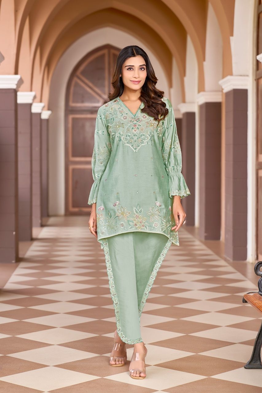 Mint Garden Hand-Embroidered Cord Set with Dupatta