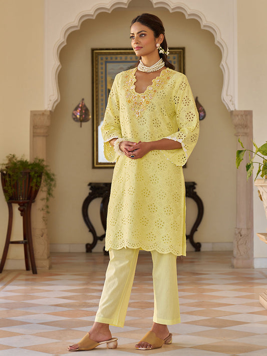 Sunshine Yellow Schiffli Kurta Set