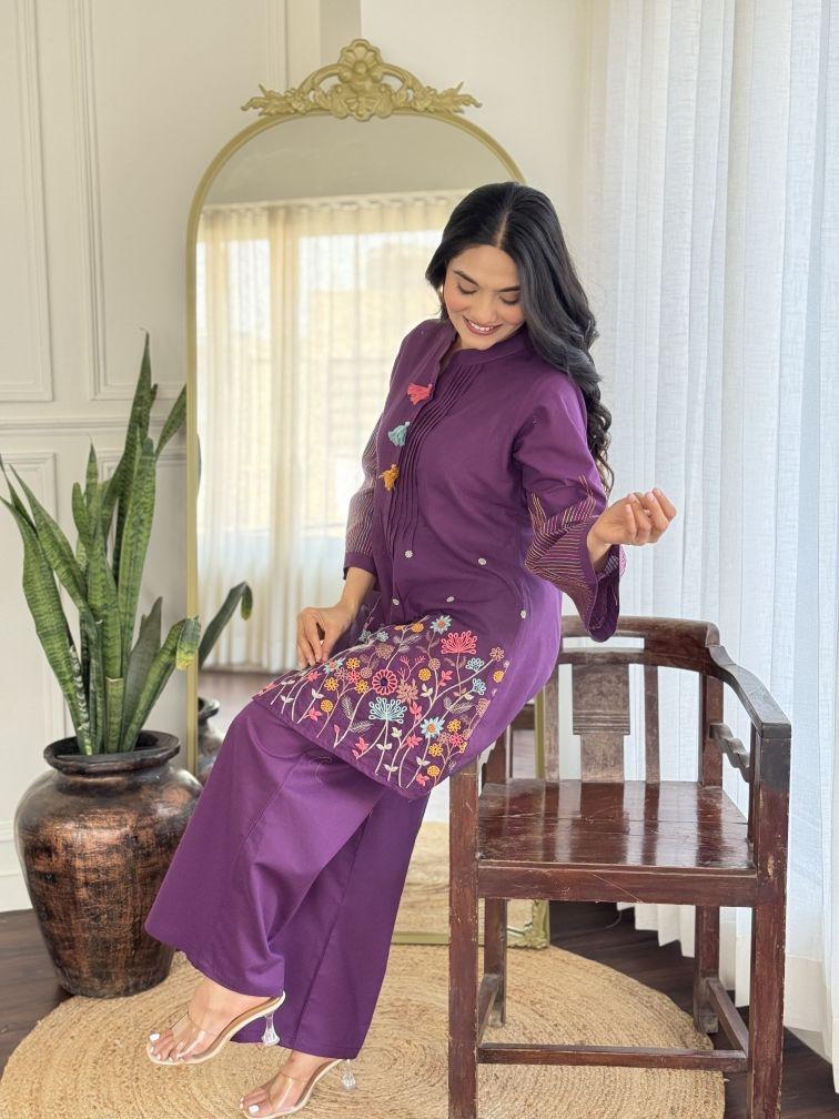 Midnight Garden Purple Embroidered Co-ord Set