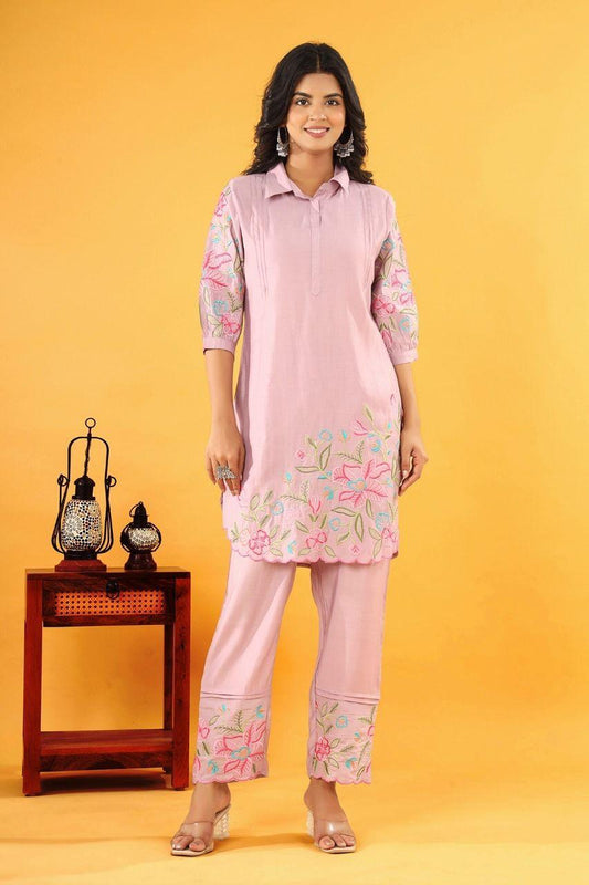 Pink Petal Whisper Embroidered Co-ord Set