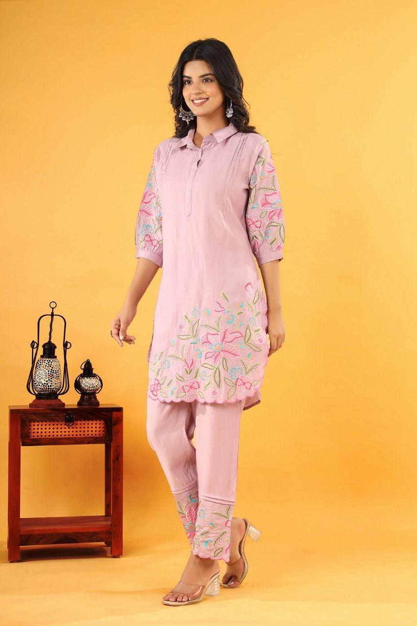 Pink Petal Whisper Embroidered Co-ord Set