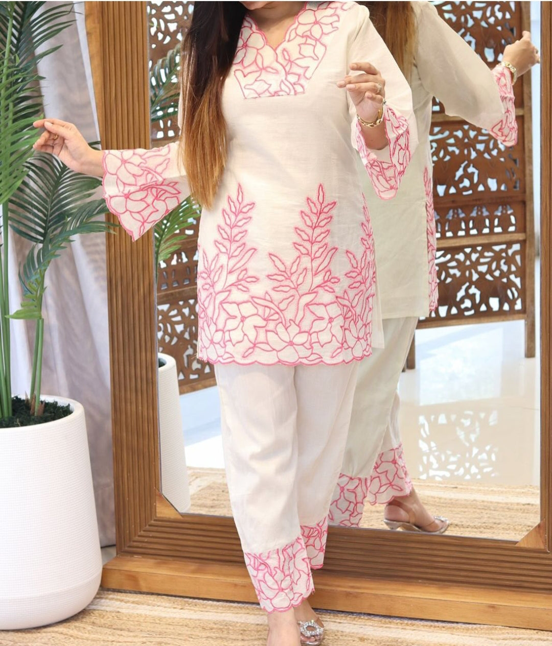 Pink and White Garden Hand-Embroidered Co-ord Set