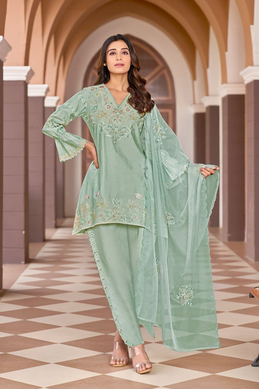 Mint Garden Hand-Embroidered Cord Set with Dupatta