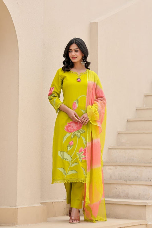 Bloomtide Lime Floral Mul Cotton Set with Dupatta