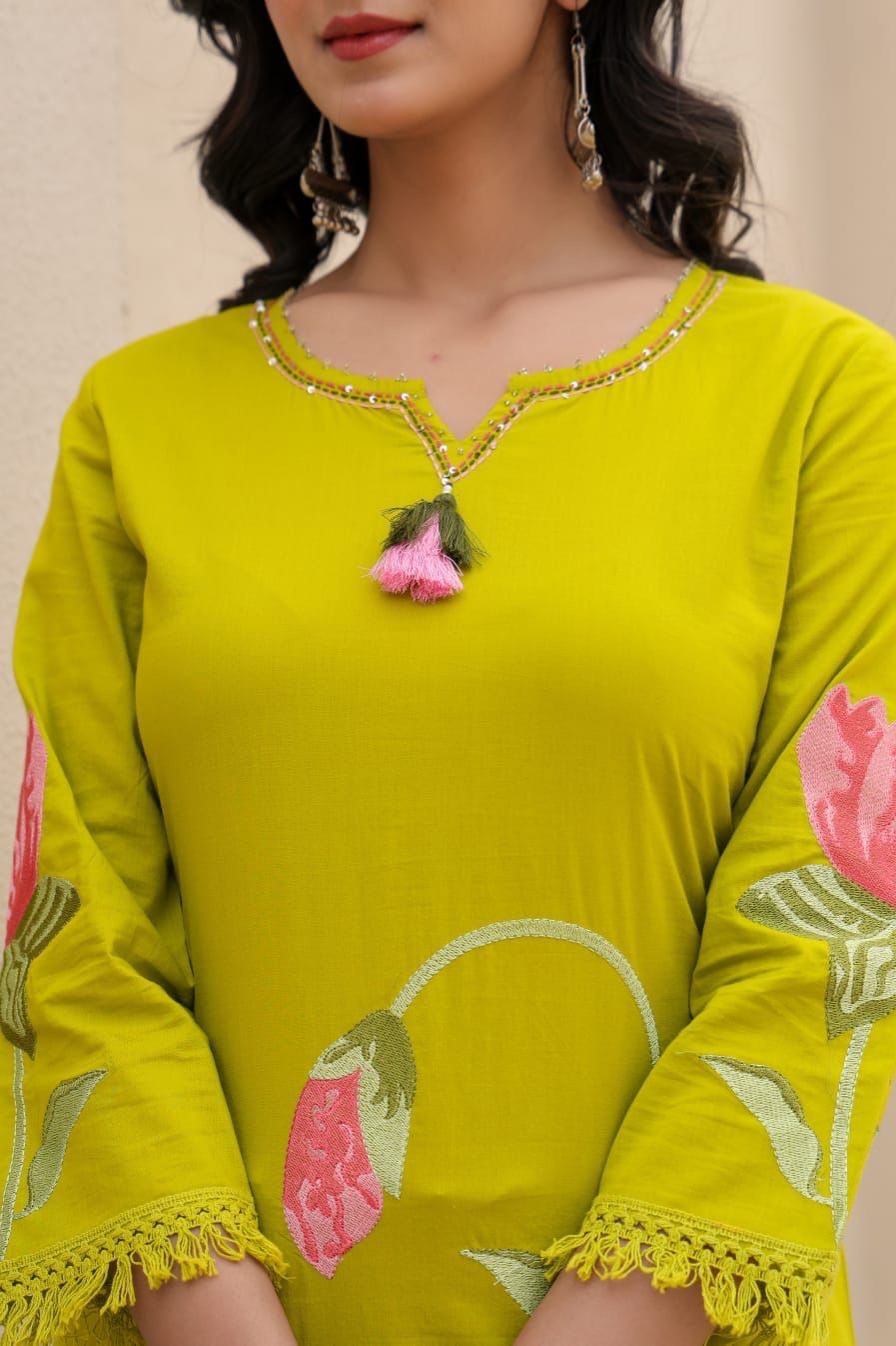 Bloomtide Lime Floral Mul Cotton Set with Dupatta