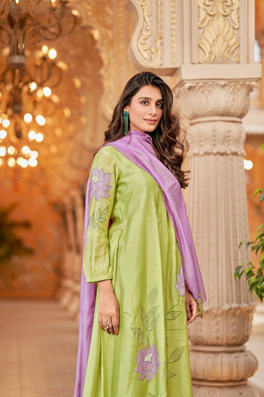 Gulmor Green Embroidered A-Line Set with Contrasting Dupatta