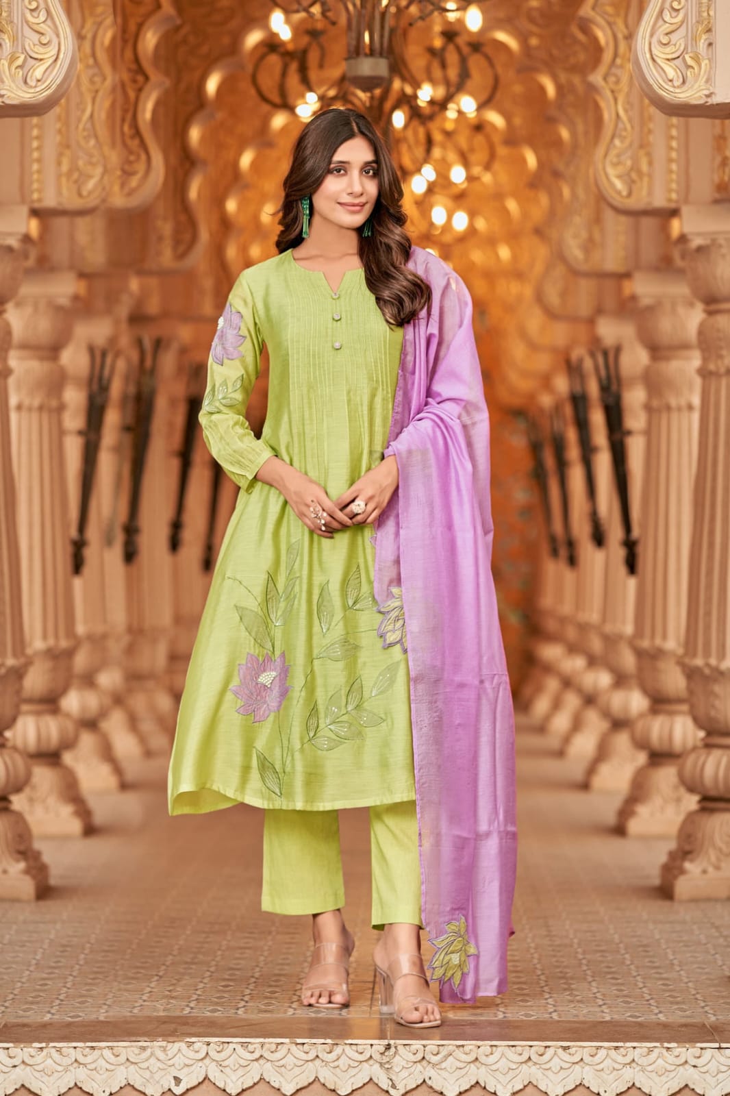 Gulmor Green Embroidered A-Line Set with Contrasting Dupatta