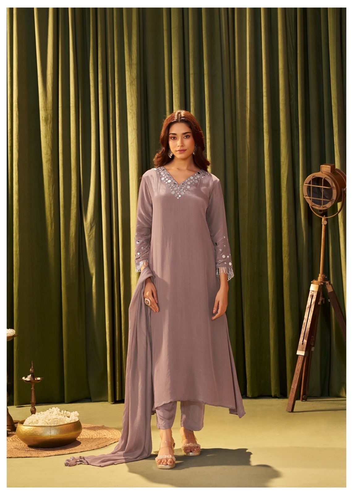 Lavender Mirror-Embroidered Kurta Set with Dupatta