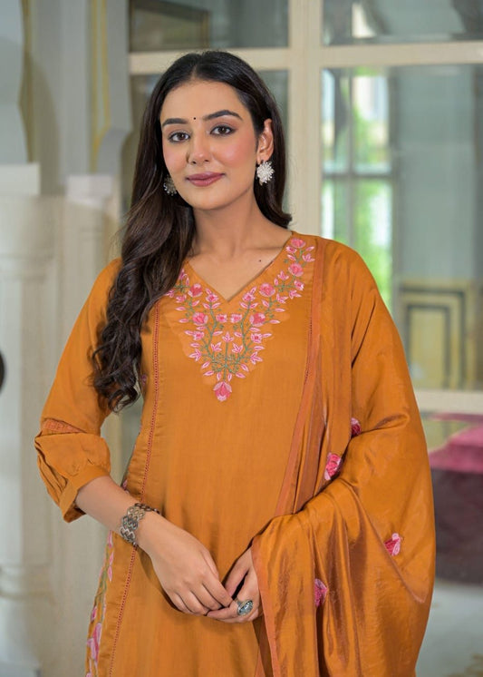 Mustard Mul Chanderi Embroidered Kurta Set with Dupatta