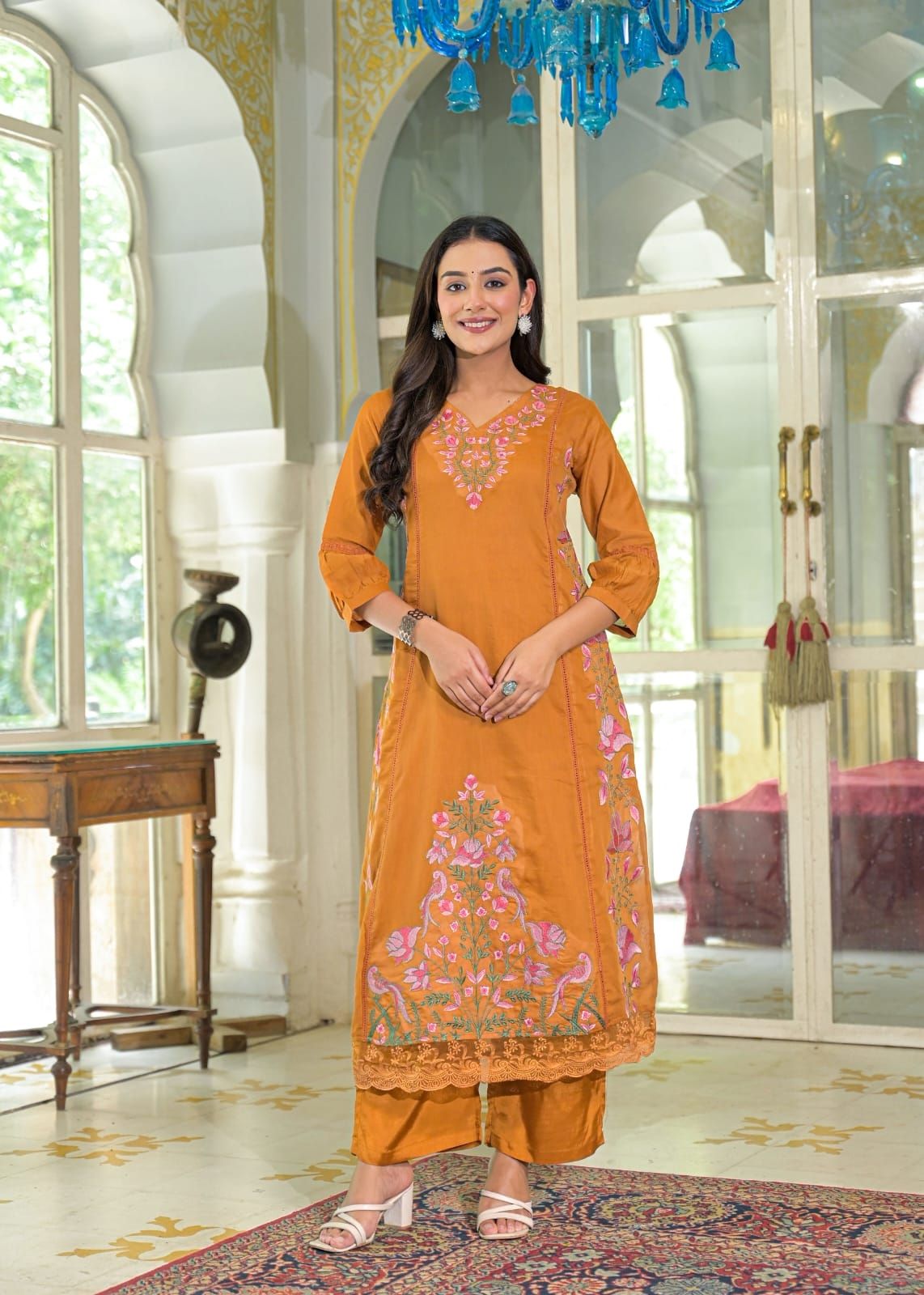 Mustard Mul Chanderi Embroidered Kurta Set with Dupatta