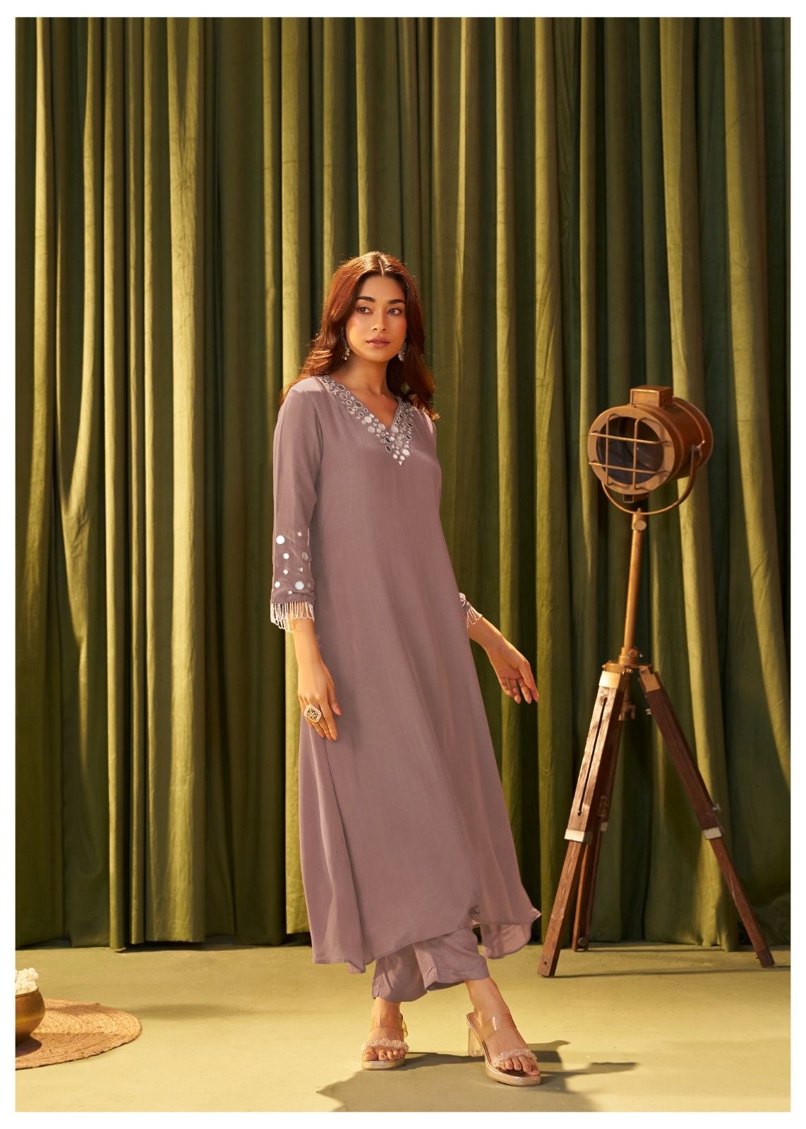 Lavender Mirror-Embroidered Kurta Set with Dupatta