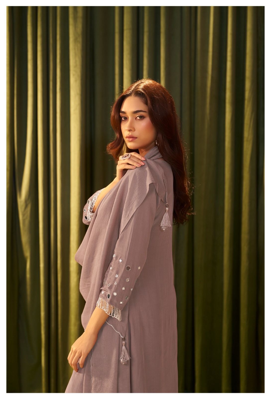 Lavender Mirror-Embroidered Kurta Set with Dupatta
