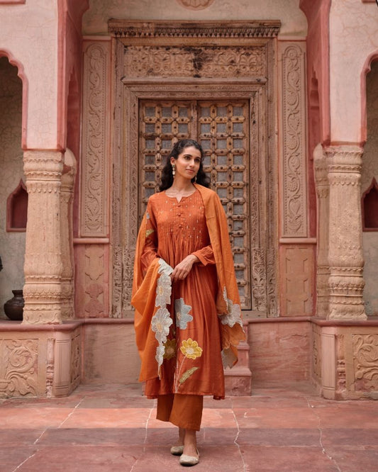 Rust Mul Chanderi Kurta Set with Floral Dupatta