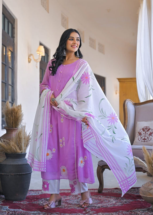 Lavender Blossom Mul-Cotton Three-Piece Suit Set