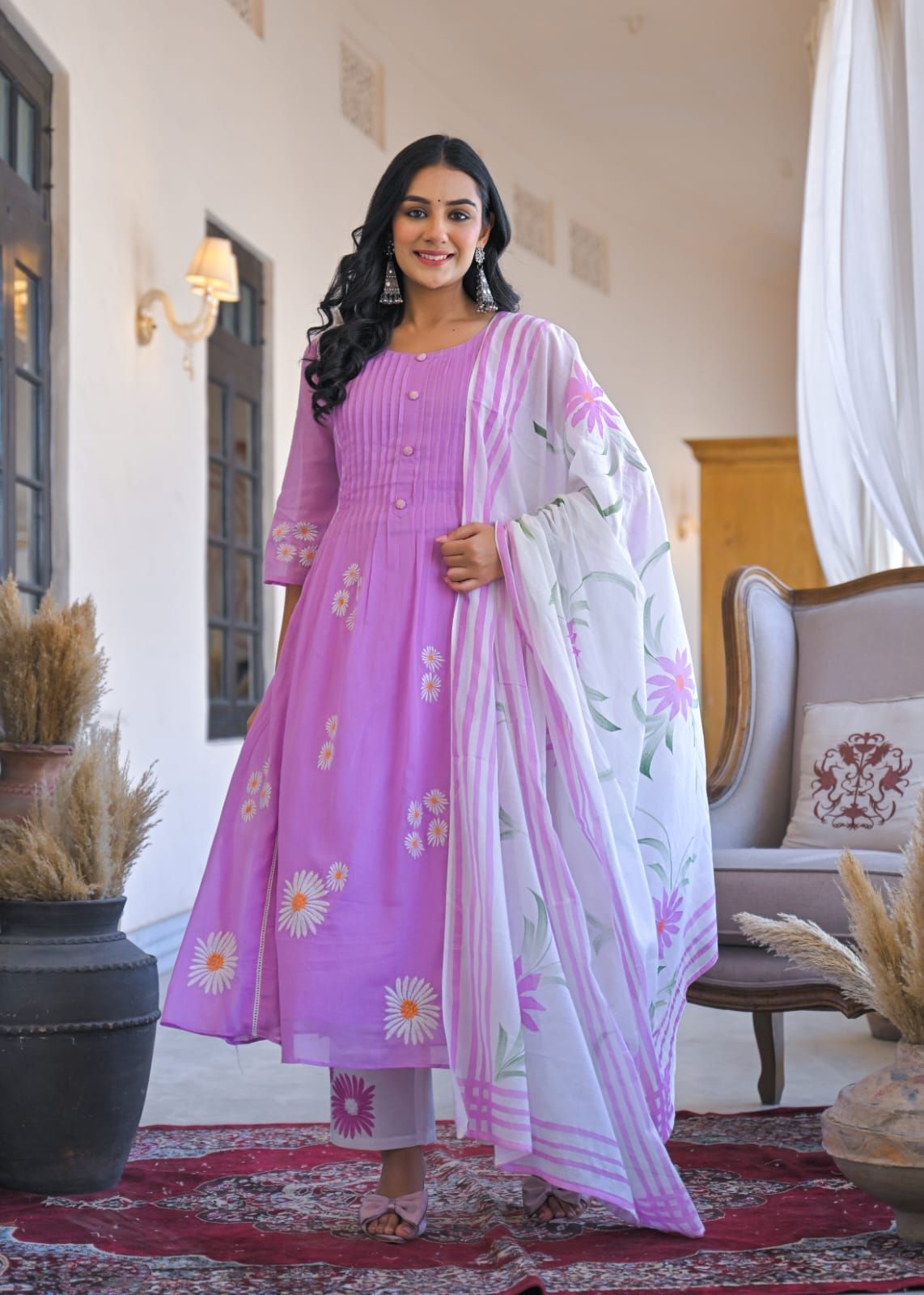 Lavender Blossom Mul-Cotton Three-Piece Suit Set