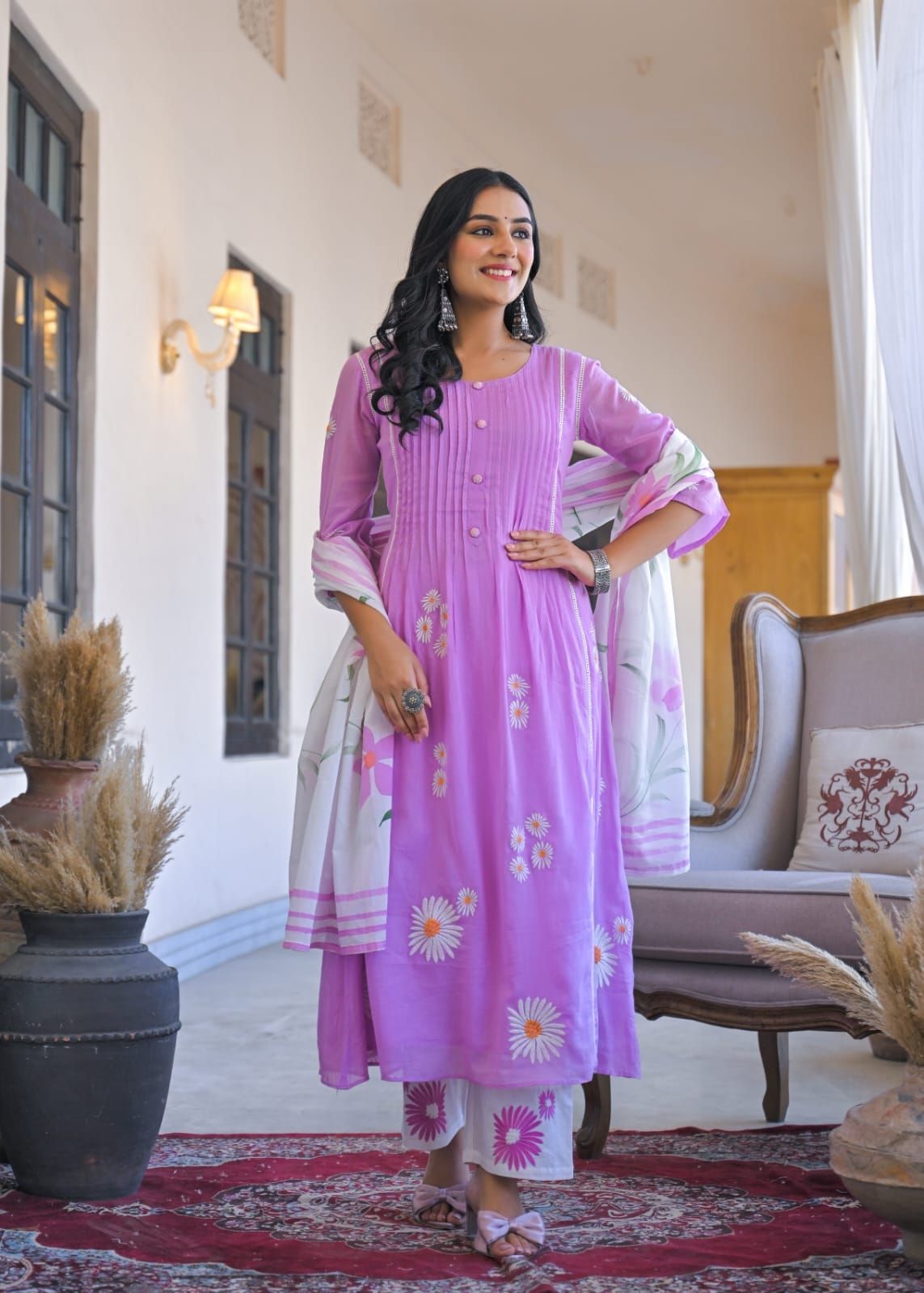 Lavender Blossom Mul-Cotton Three-Piece Suit Set