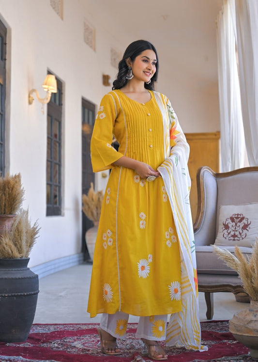 Sunshine Bloom Mul Cotton Embroidered Set with Hand-Painted Dupatta