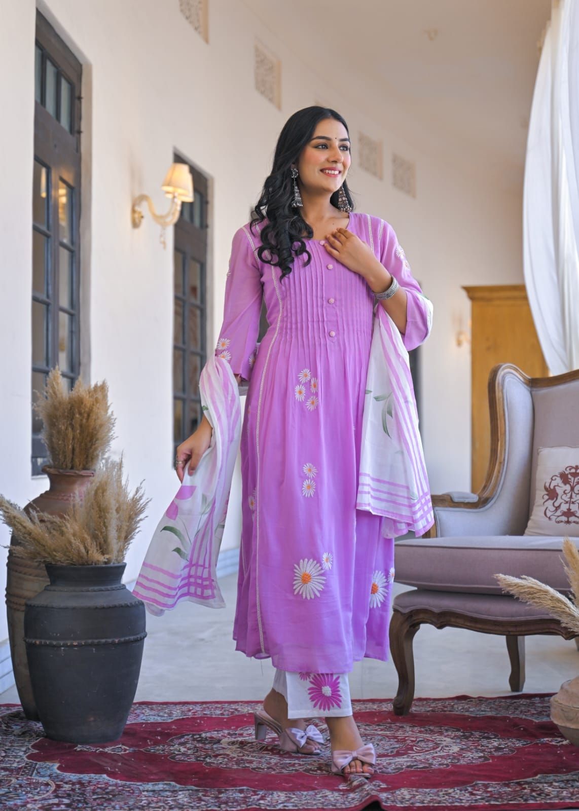 Lavender Blossom Mul-Cotton Three-Piece Suit Set