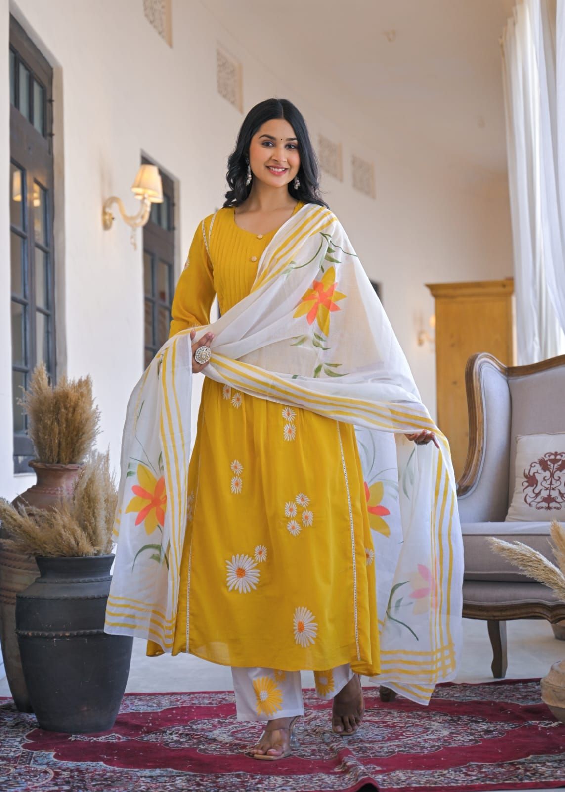 Sunshine Bloom Mul Cotton Embroidered Set with Hand-Painted Dupatta