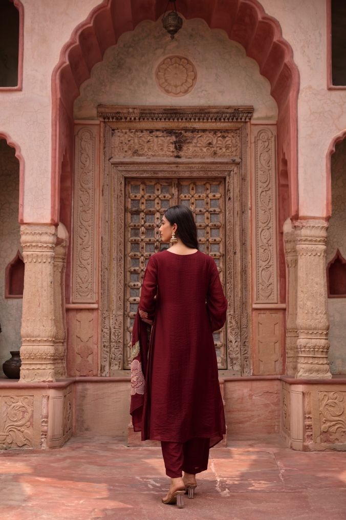 Regal Maroon Bloom Mul Chanderi Suit Set