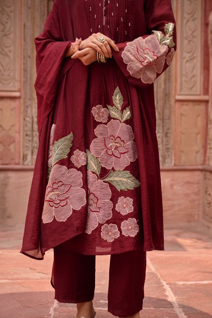 Regal Maroon Bloom Mul Chanderi Suit Set