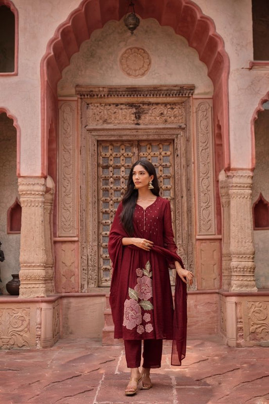 Regal Maroon Bloom Mul Chanderi Suit Set