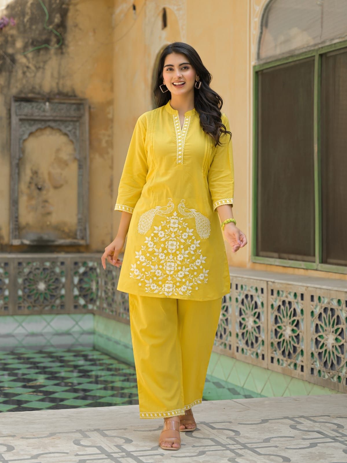 Sunshine Yellow Peacock Embroidered Kurta Set