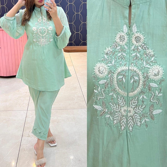 Mint Green Linen Silk Hand-Embroidered Coord Set